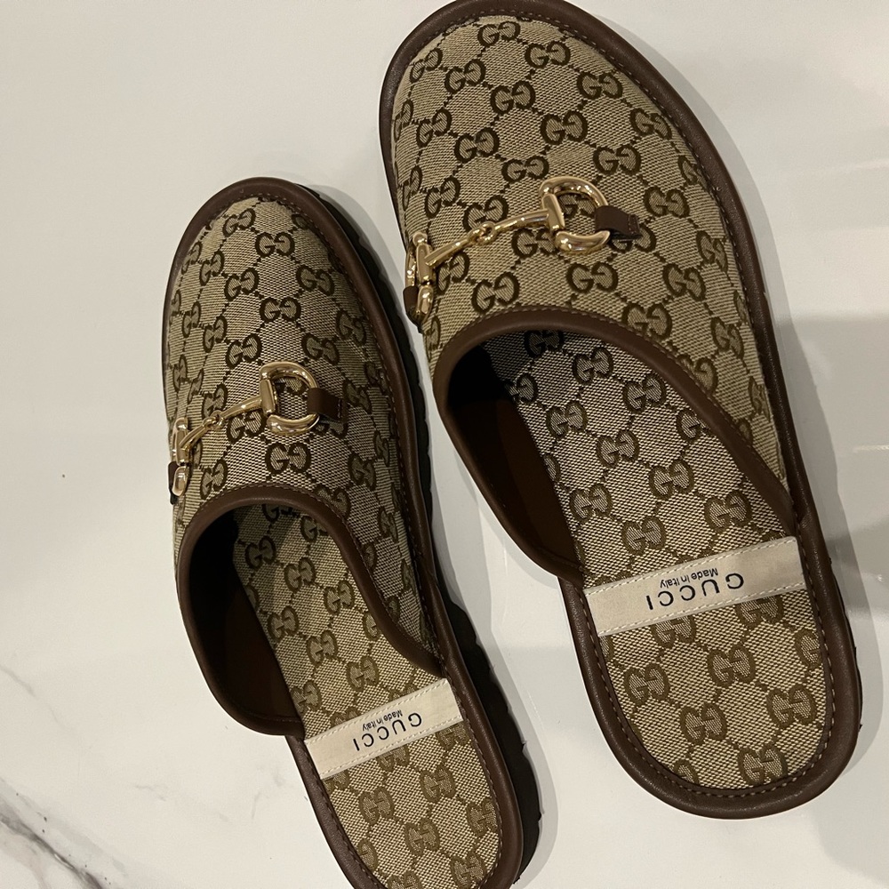 Gucci Tan and Brown Slip-On Loafers with Gold Detail